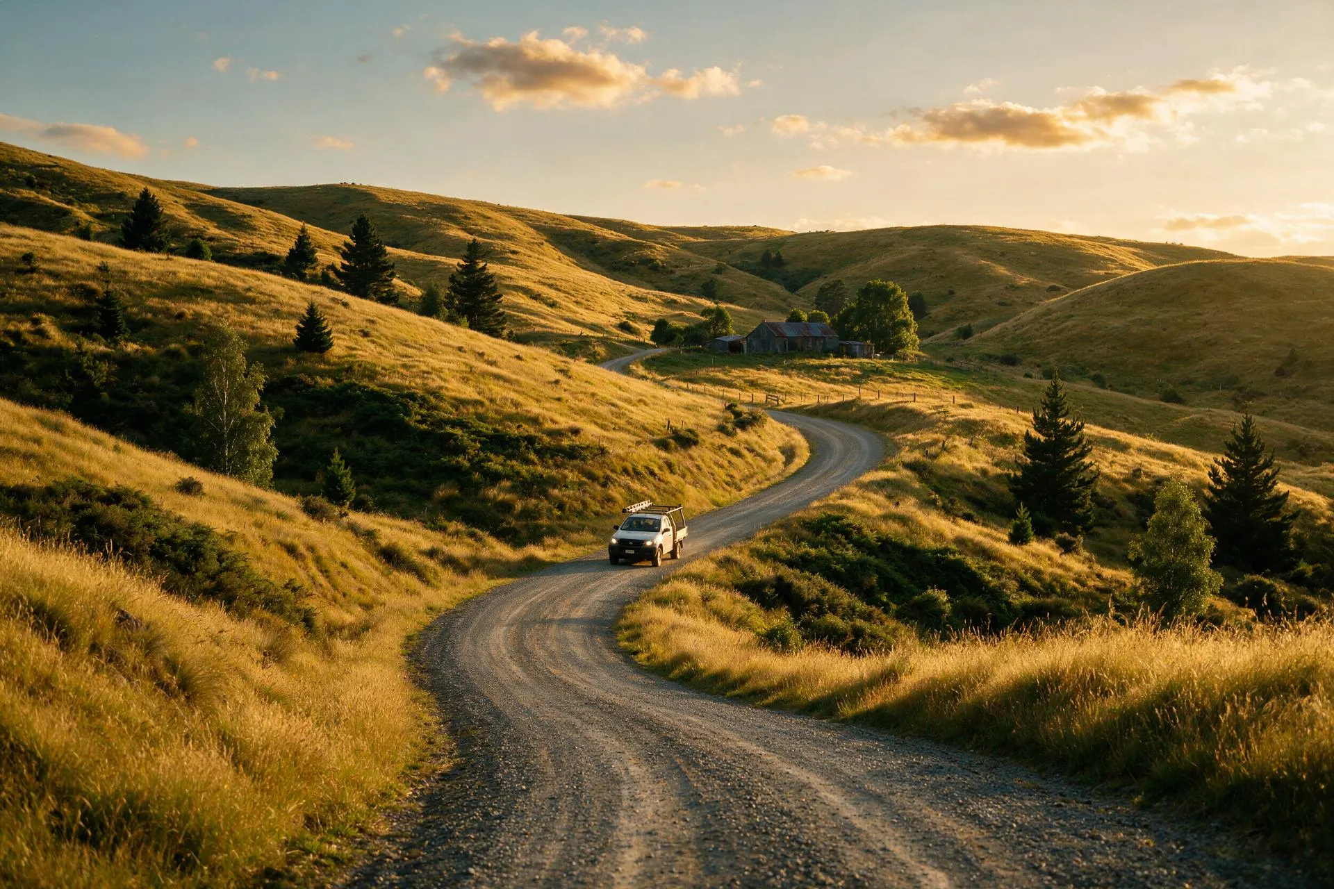 A work ute with a ladder rack on a winding gravel road through golden New Zealand hill country at dusk