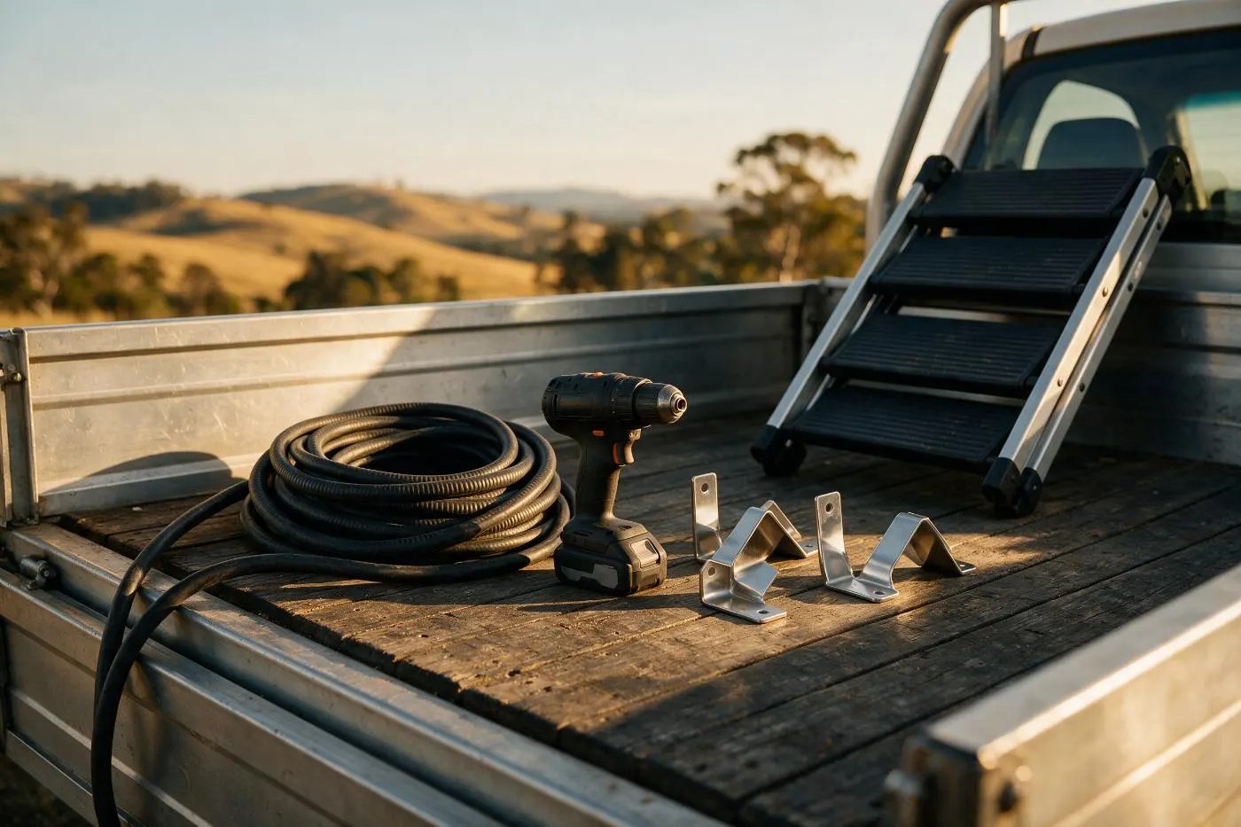 Cable, drill, stainless mounting brackets and a ladder on a ute tray at golden hour