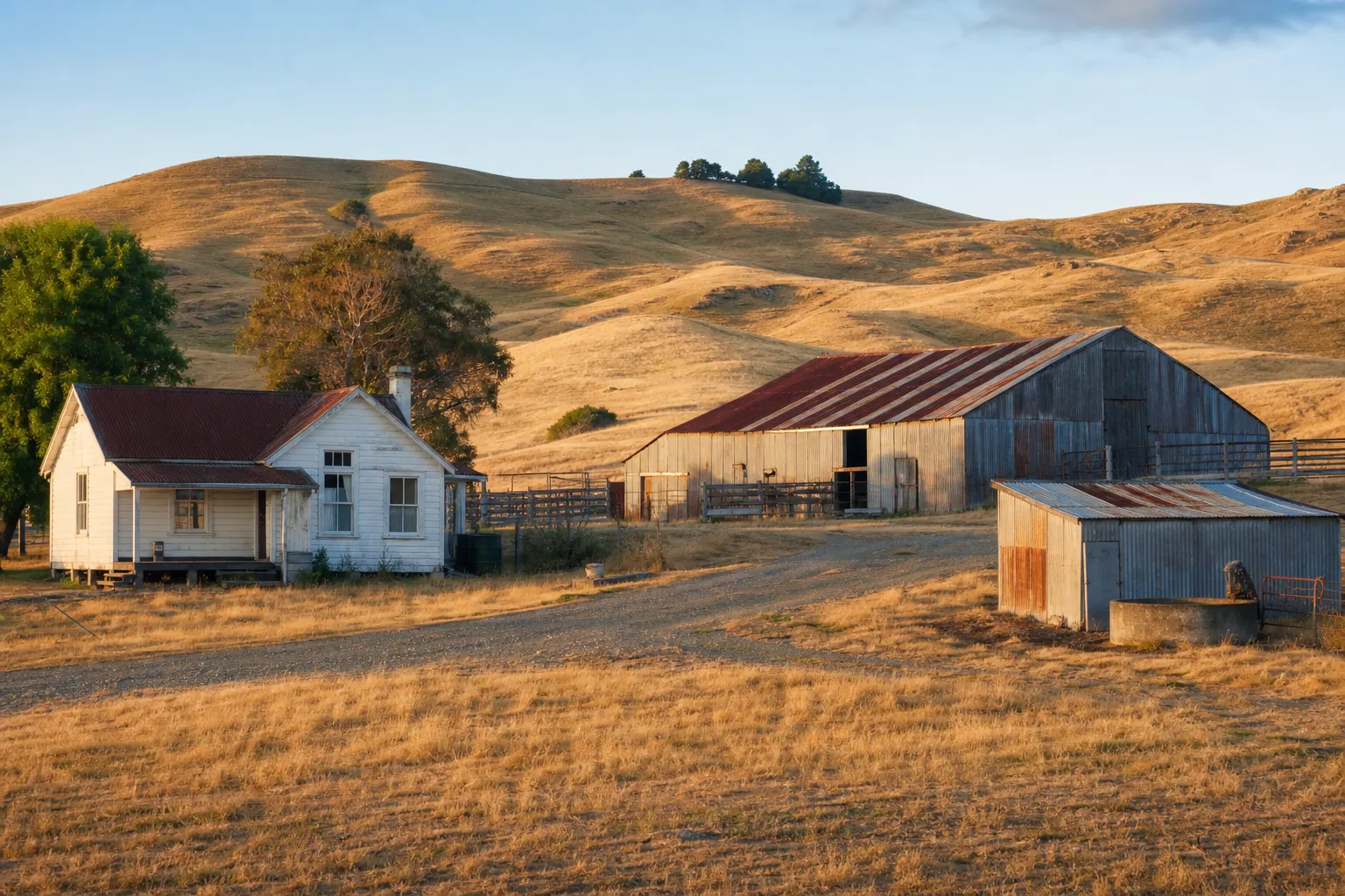 Starlink dish on a pole mount at the edge of a farmyard, woolshed and workshop visible across the paddock