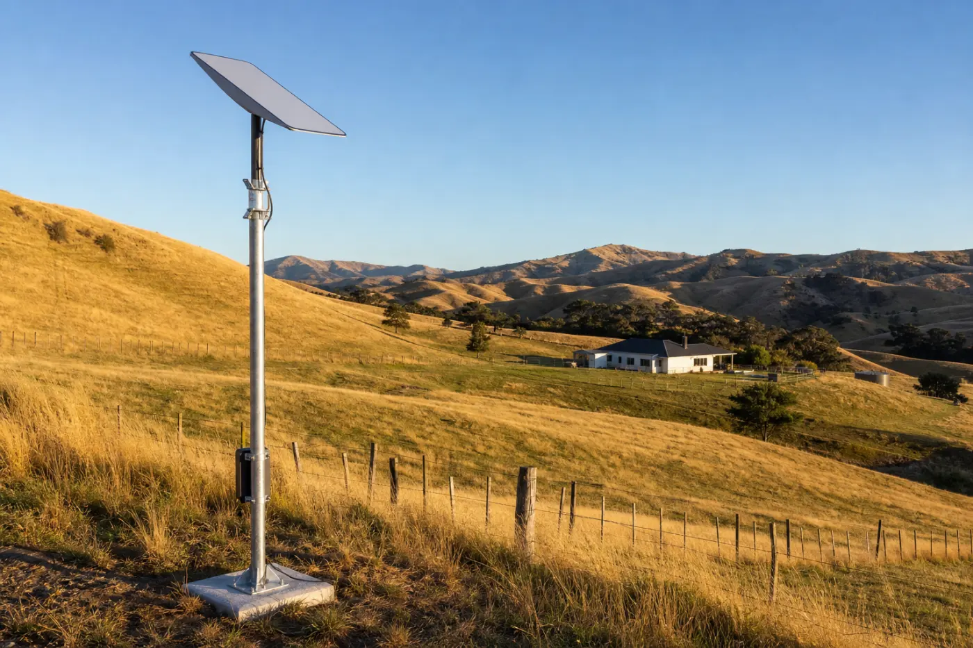 Starlink dish on a tall galvanised ground pole at the edge of a farm paddock
